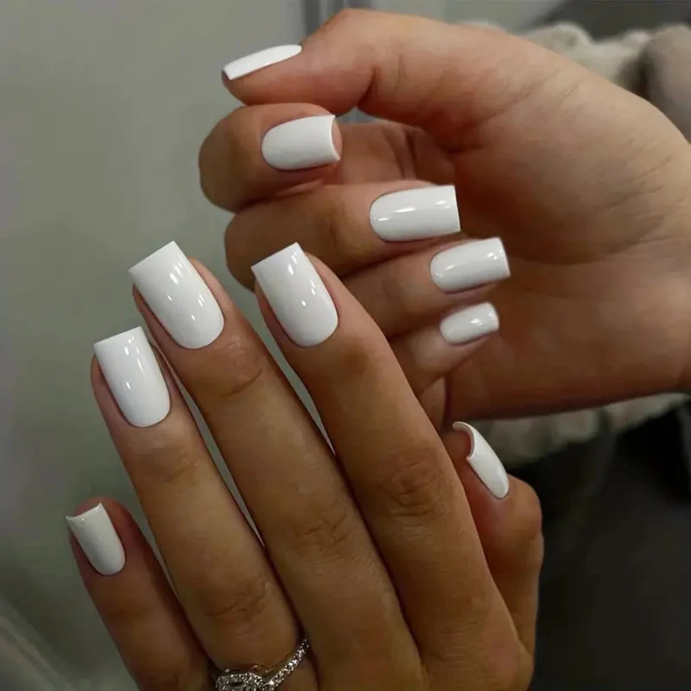 24Pcs Press on Nails Short Square White Press on Nails Solid Color Sweet French Tip Press on Nails Cute Nail