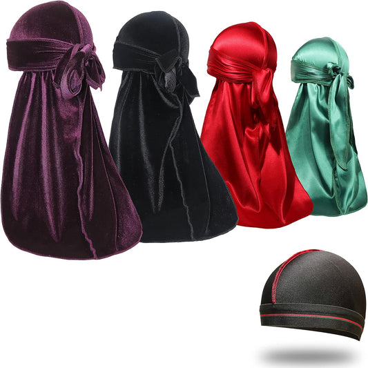 4 Pcs Durags with 1 Wave Cap - 2 Luxury Velvet Durags, 2 Silky Durags with 1 Wave Cap, Durags for Men 360 Waves
