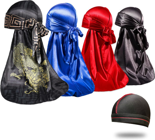 4PCS Silky Durags for Men 360 Waves, Designer Do Rag, 1 Wave Cap