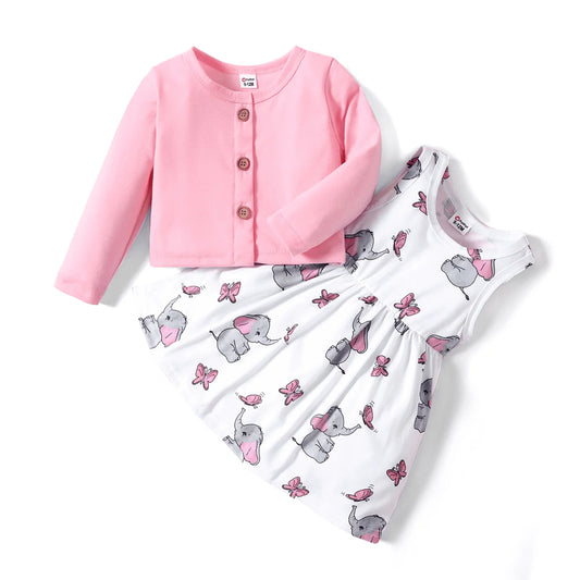 2Pcs Baby Girl Pink Cardigan with Sleveless Tank Dress Tunic Swing Dress,Toddler Girl Dress and Cardigan Set for Special Occasion Infant Girl Skirt,3-24 Month